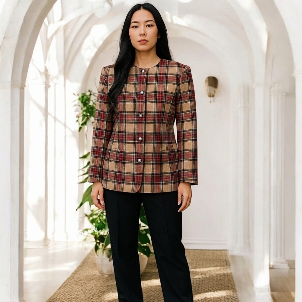 VTG Talbots Womens Worsted Wool Plaid Blazer Medium Red Neutral Academia Office